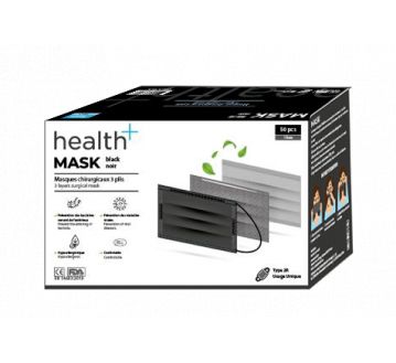 BOITE 50 MASQUES CHIRURGICAUX 3 PLIS NOIRS TYPE II NORME EN14683